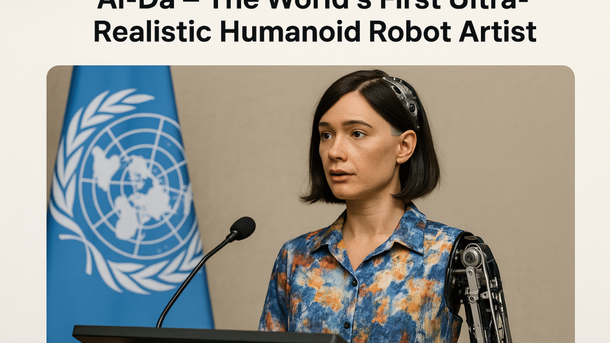 Ai-Da, the world’s first ultra-realistic humanoid robot artist, standing in front of UN flag during an international AI summit.