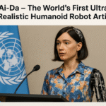 Ai-Da, the world’s first ultra-realistic humanoid robot artist, standing in front of UN flag during an international AI summit.