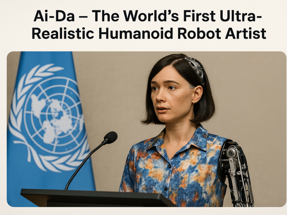 Ai-Da, the world’s first ultra-realistic humanoid robot artist, standing in front of UN flag during an international AI summit.