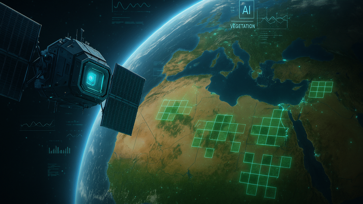 AI-powered virtual satellite monitoring Earth with data grids and climate overlays