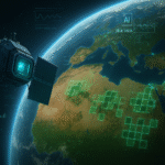 AI-powered virtual satellite monitoring Earth with data grids and climate overlays