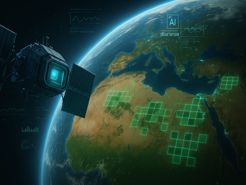 AI-powered virtual satellite monitoring Earth with data grids and climate overlays