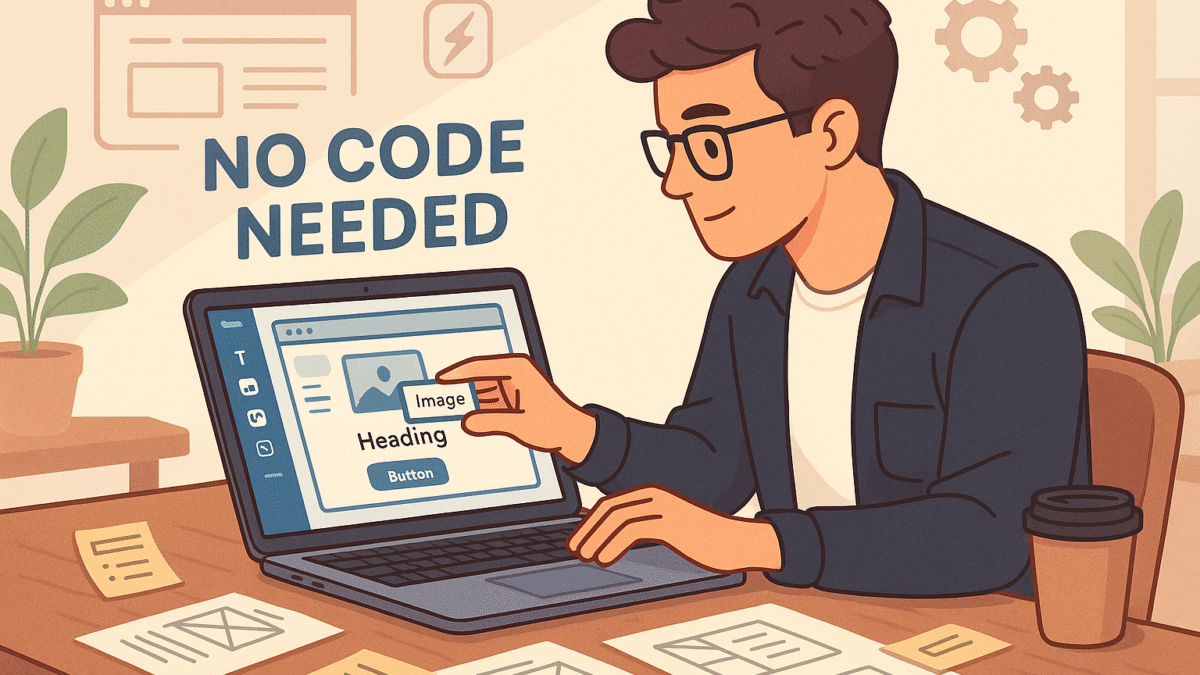 Person building a modern website on a laptop using a no-code platform with drag-and-drop interface, showcasing simplified web development without programming.
