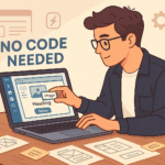 Person building a modern website on a laptop using a no-code platform with drag-and-drop interface, showcasing simplified web development without programming.