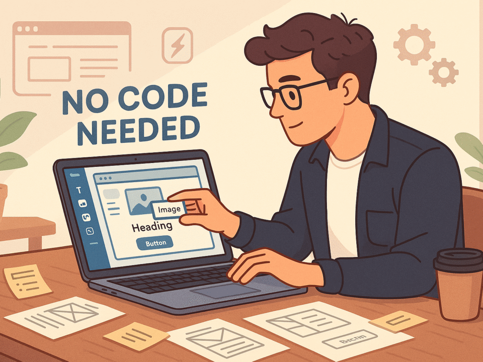 Person building a modern website on a laptop using a no-code platform with drag-and-drop interface, showcasing simplified web development without programming.