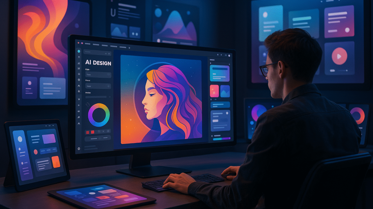 Abstract digital illustration representing AI-powered graphic design tools creating modern visual artwork using neural networks and machine learning algorithms.