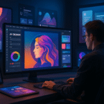 Abstract digital illustration representing AI-powered graphic design tools creating modern visual artwork using neural networks and machine learning algorithms.