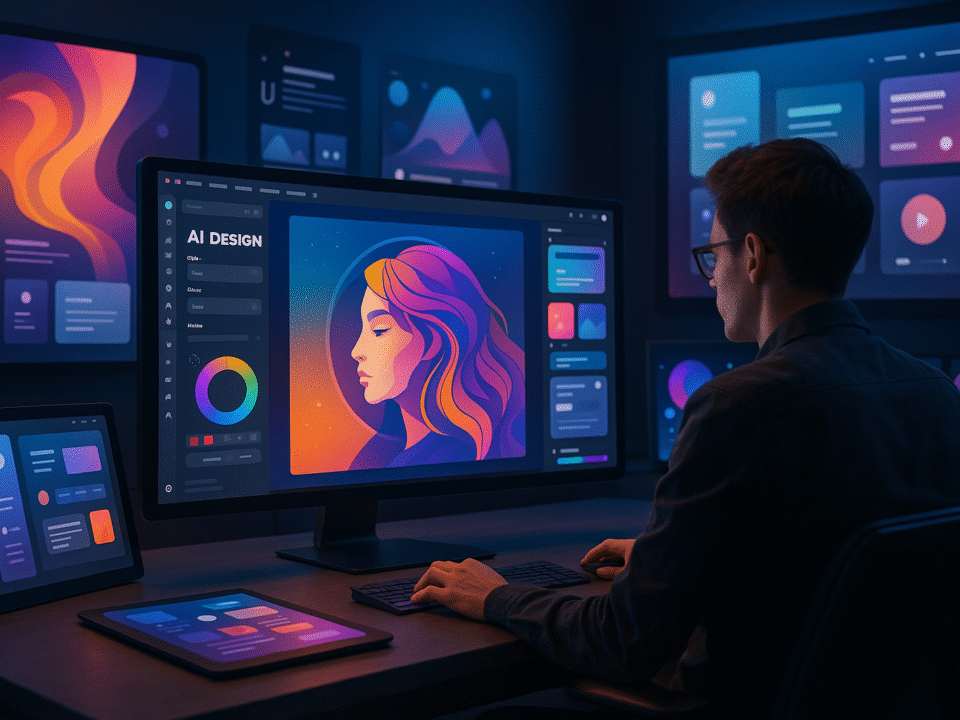 Abstract digital illustration representing AI-powered graphic design tools creating modern visual artwork using neural networks and machine learning algorithms.