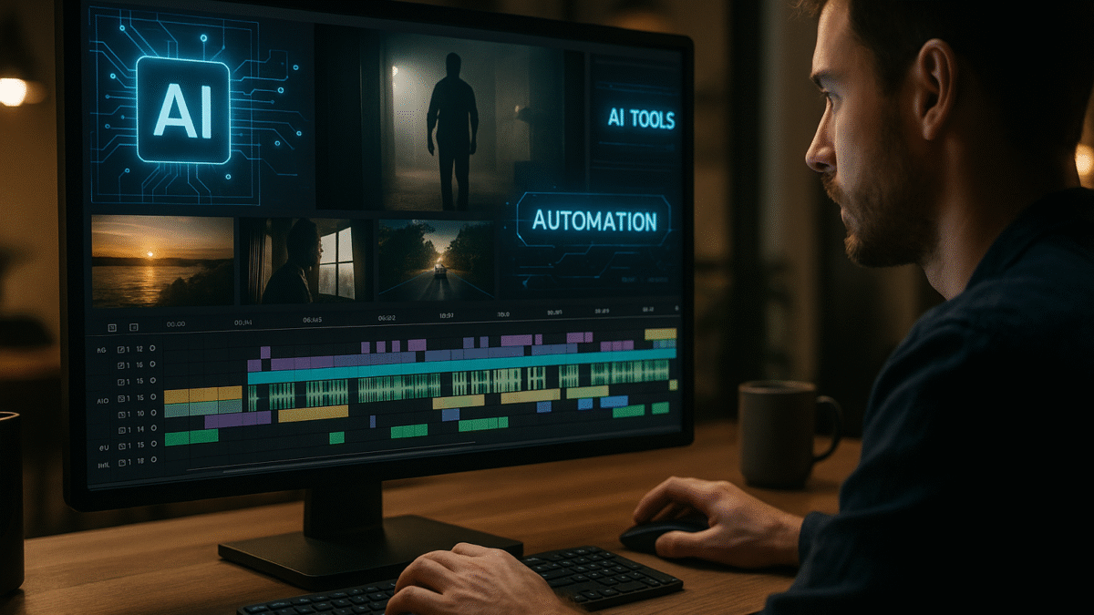 A professional AI-powered video editing workspace with timeline and automation tools on screen.