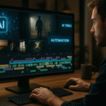 A professional AI-powered video editing workspace with timeline and automation tools on screen.