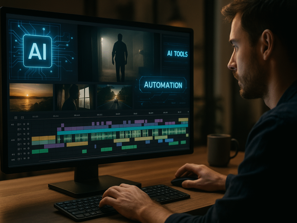 A professional AI-powered video editing workspace with timeline and automation tools on screen.