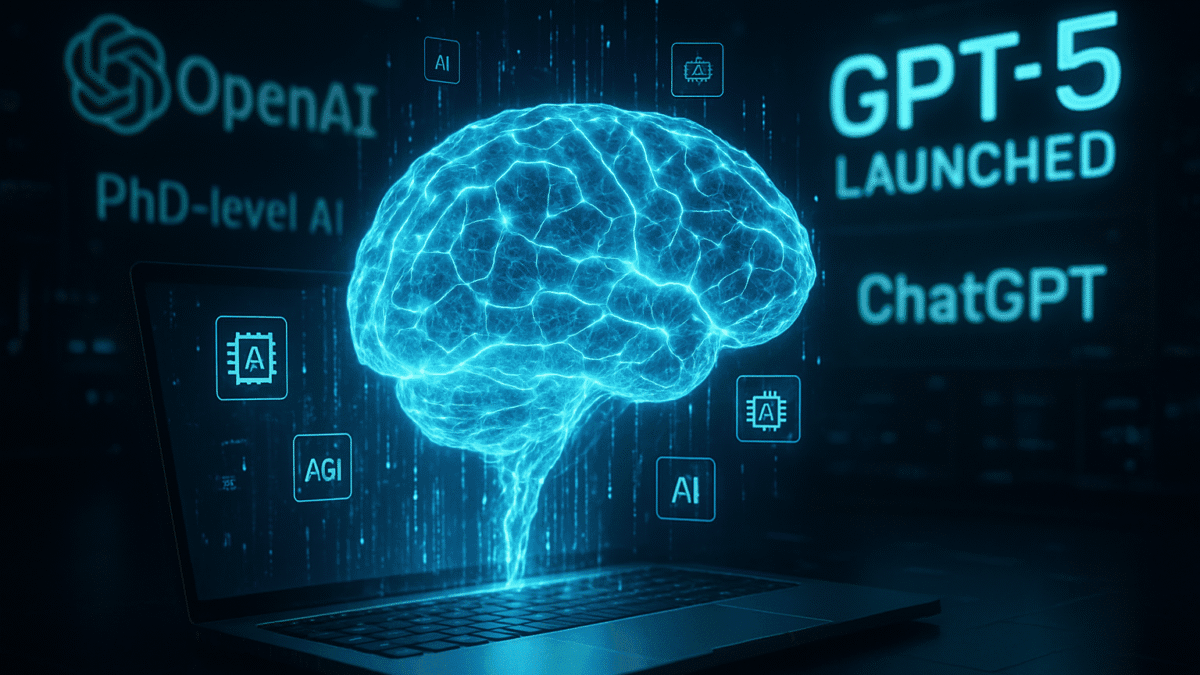 Futuristic digital brain representing GPT-5 AI model by OpenAI, symbolizing PhD-level artificial intelligence and AGI advancements