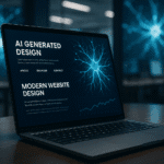Futuristic laptop displaying an AI-generated website design with glowing neural network visuals in the background, representing AI and Web Development