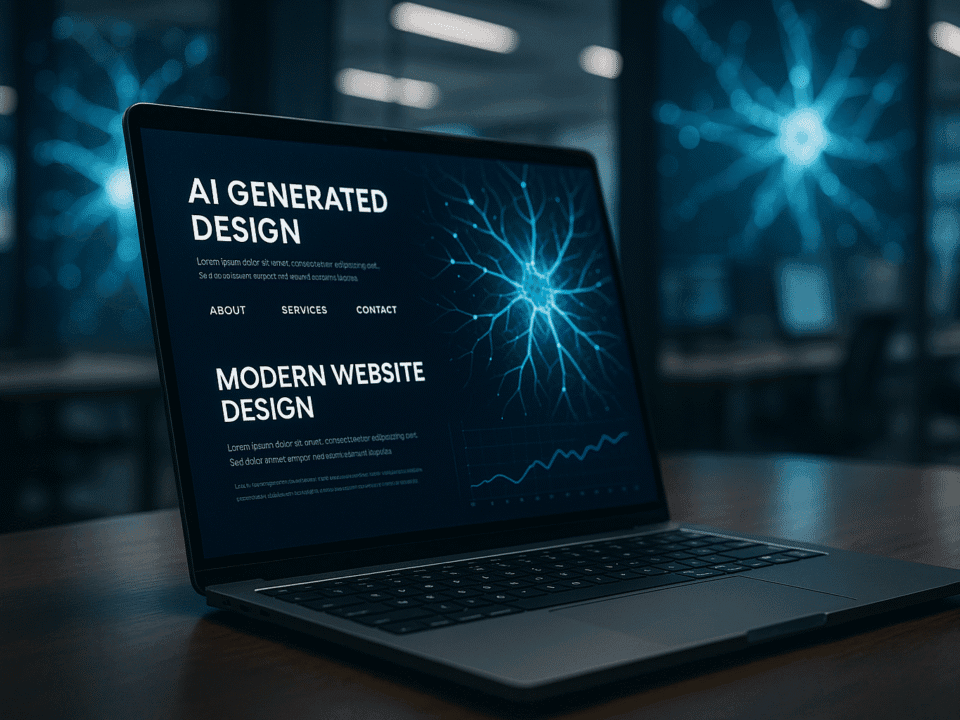 Futuristic laptop displaying an AI-generated website design with glowing neural network visuals in the background, representing AI and Web Development