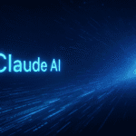 Illustration of Claude AI with glowing blue text and data streams representing a big token limit and advanced AI capabilities.