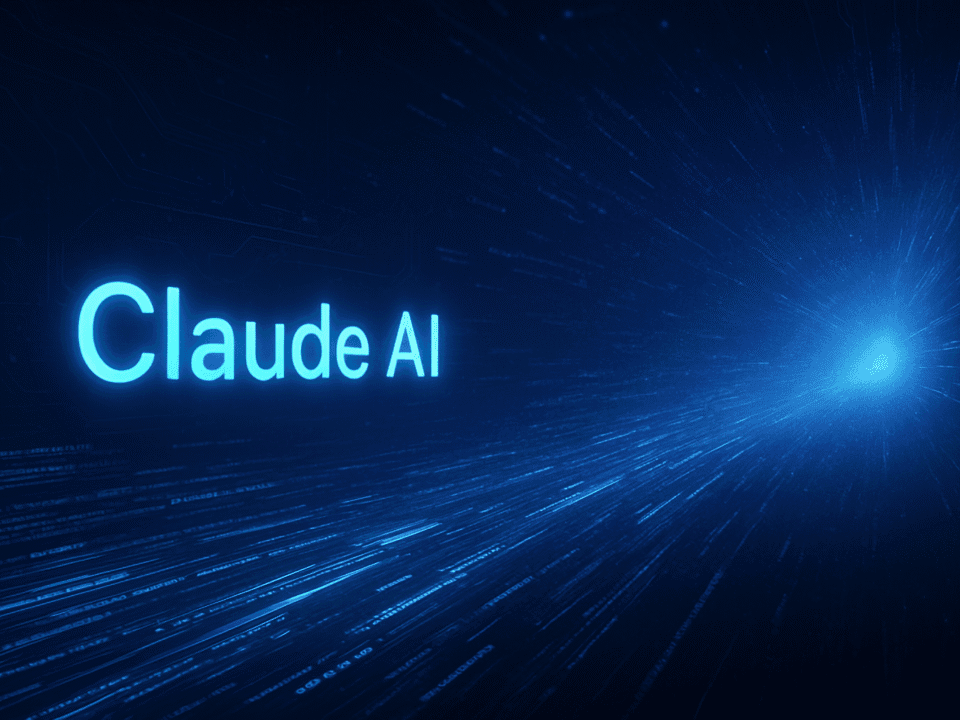 Illustration of Claude AI with glowing blue text and data streams representing a big token limit and advanced AI capabilities.