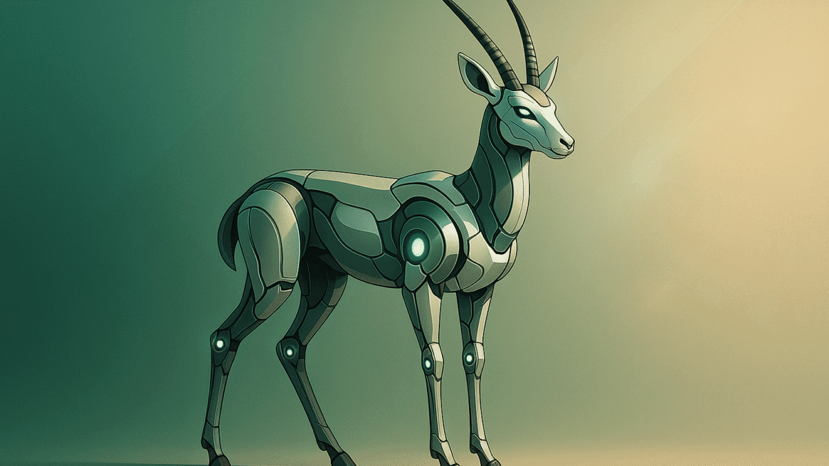 Futuristic robotic Tibetan antelope with glowing green joints and metallic design, symbolizing AI and 5G technology in wildlife conservation on Tibet’s Hoh Xil plateau