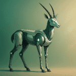 Futuristic robotic Tibetan antelope with glowing green joints and metallic design, symbolizing AI and 5G technology in wildlife conservation on Tibet’s Hoh Xil plateau