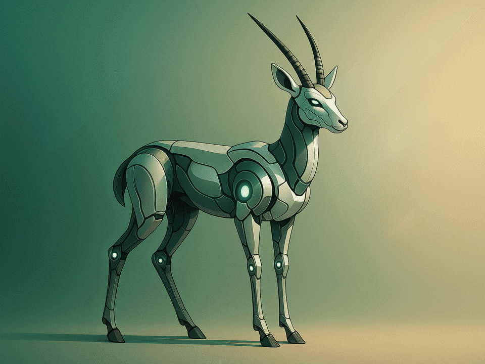 Futuristic robotic Tibetan antelope with glowing green joints and metallic design, symbolizing AI and 5G technology in wildlife conservation on Tibet’s Hoh Xil plateau